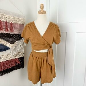 Free People Fauna Jersey Knit Wrap Romper Short Sleeve Mustard Size XS NWT